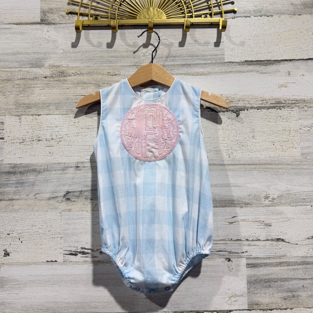 The Beaufort Bonnet Company Bubble Girls Mongrammed WFW 12/18M Blue Gingham
